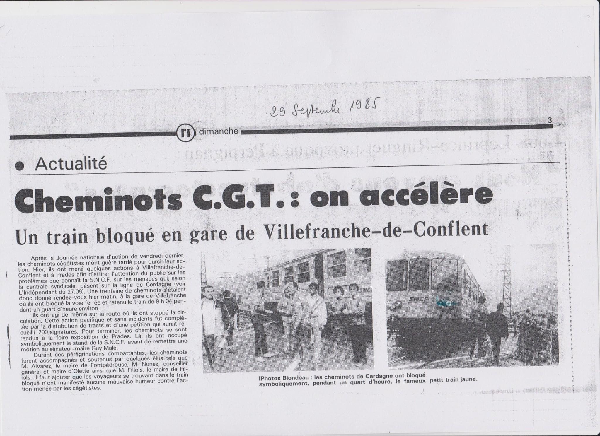 Article 19 septembre 1985 les cheminots cgt bloquent le train jaune