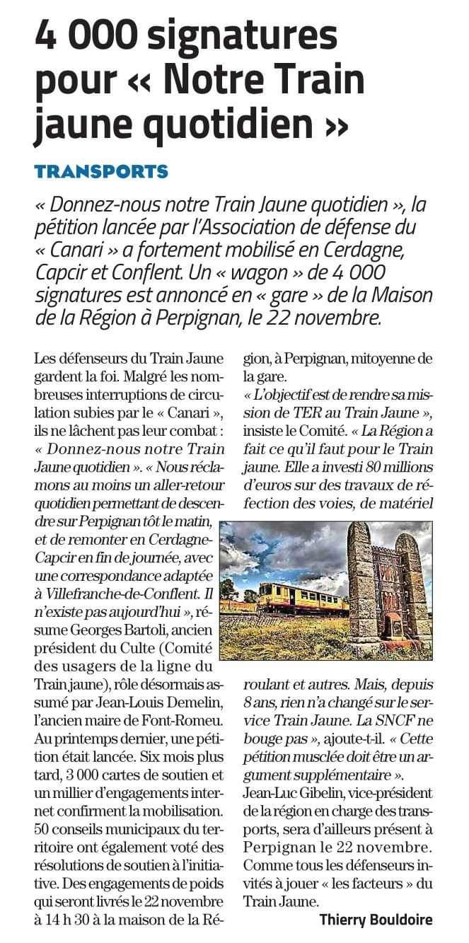 Article l independant 4000 signatures petition comite des usagers du train jaune 15 novembre 2023