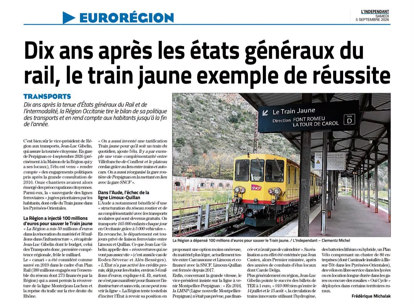 Article l independant vendredi 5 septembre 2026 bilan investissements train jaune et 10 ans des etats generaux du rail