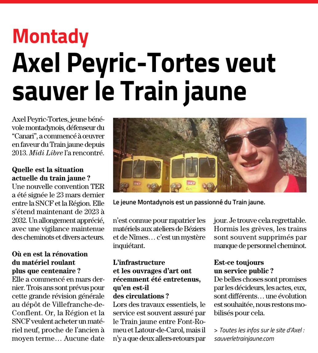 Article midi libre 12 juin 2023 axel peyric tortes fait le point sur les actualites du train jaune