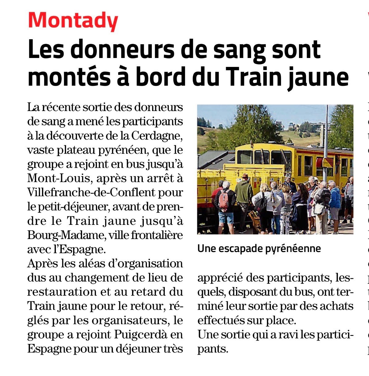 Article midi libre 14 octobre 2026 les donneurs de sang benevoles de montady sont montes a bord du train jaune