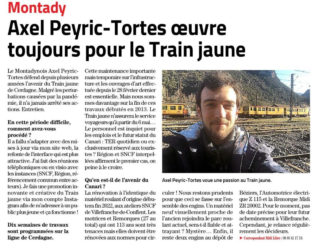 Article train jaune axel peyric tortes midi libre 28 avril 2022