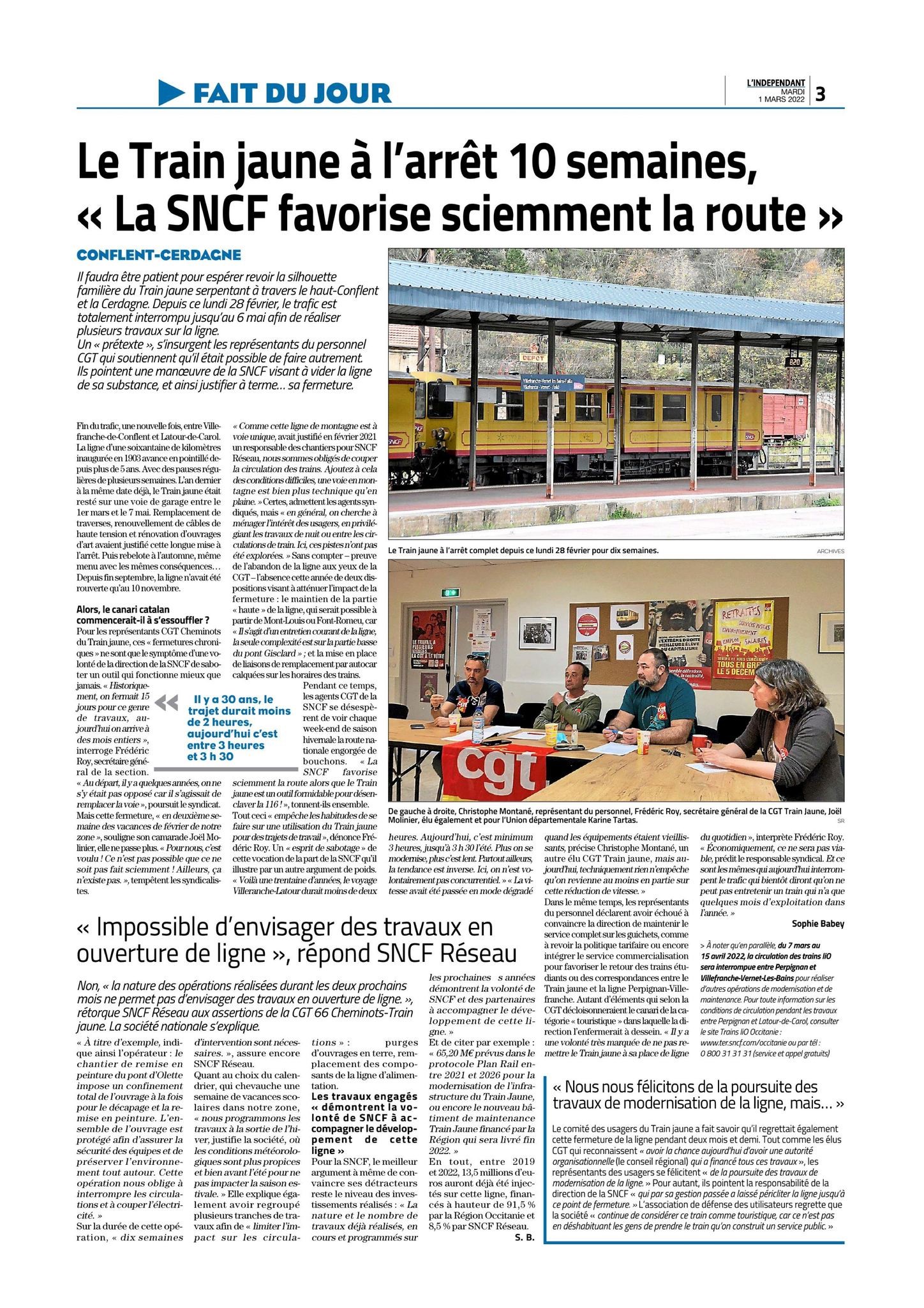 L'Indépendant 1er Mars 2022 le Train Jaune à l'arrêt pour 10 semaines