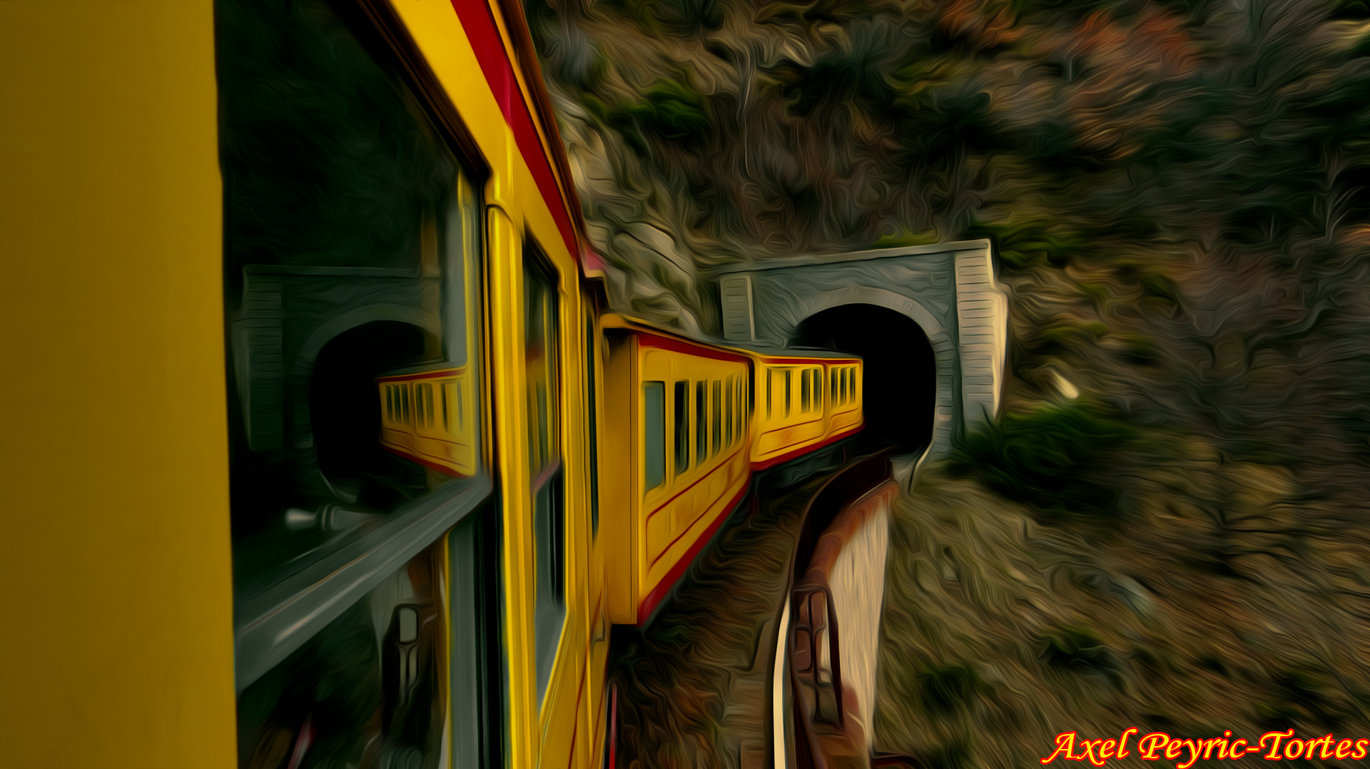 Peinture rame de trois pieces en courbe devant le tunnel sous les feuilles d automne