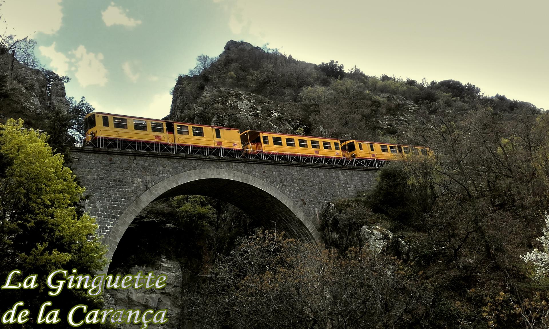Rame de trois pieces vue de profil en contre plongee sur le viaduc en pierre de la caranca